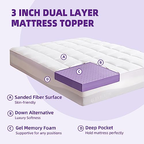 Bdeus Dual Layer 3 Inch Memory Foam Mattress Topper Full Size, 2 Inch Cooling Gel Memory Foam Plus 1 Inch Down Alternative Quilted Pillow Top Cover,Back Pain Relief #TOP1