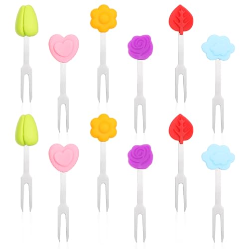 Yuanchu 12 Stück Obstgabeln Kinder Edelstahl, Mini Obst Gabel Set Wiederverwendbar Fruchtgabeln mit Silikon-Griff Süße Dessertgabeln Kuchengabeln Gebäck Gabeln für Haus Küche Café Picknicks Party