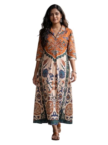 Image of HELLCAT Floral Brown Women Dress|New Trending Dress for Women|Western 3 /4 Sleeve A-line