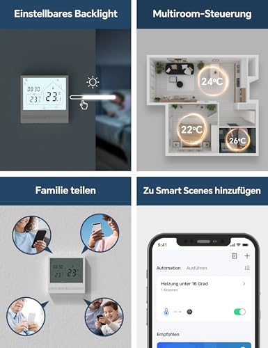 Beok Thermostat WiFi Für Elektrische Fußbodenheizung Raumthermostat Fussbodenheizung Smart Heizungsthermostat Digital Kompatibel Alexa Echo, Google Assistant Tuya WLAN App 16A TOL47WIFI