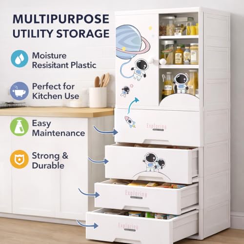 Image of AYSIS Kids Plastic Collapsible Wardrobe Organizer for Storage with Drawers | Cute Cartoon Design | Heavy Duty Cloth Organizer for Storage | Easy to Assemble | Perfect for Kids Room & Home | Sky Starry
