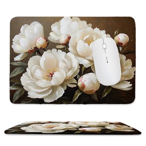 QIANLUOO Tapis de Souris de Jeu avec Fleurs de Pivoine Blanche 24 x 20 cm, Rectangle Tapis de Clavier Antidérapant avec Bords Cousus pour la Maison et Le Bureau, Déco Bureau, Gifts for Men n-38