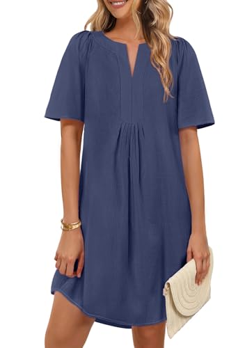 MEROKEETY Women's Summer Casual Shift Dresses Beach Vacation Short Sleeve V Neck Spring Mini Dress, Navy, X-Large