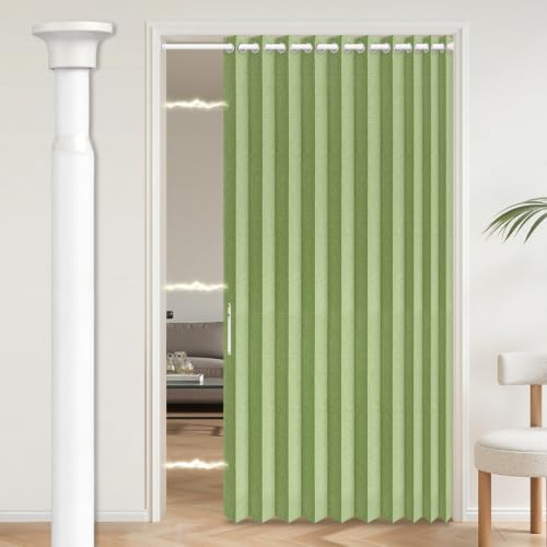 Image of AJAZZ Blackout Accordion Door with Curtain Rods Adjustable 28-52 inch Long, Invisible Folding Accordion Doors Interior Magnetic Door Curtain for Bedroom Doorway Curtain Set, 1 Pack, W52 x L80 in, Green