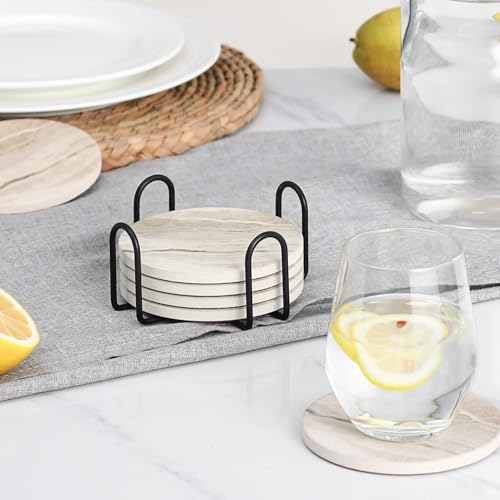Image of TIED RIBBONS Set of 6 Drink Coasters with Holder (Marble Print, 4inch) - Ceramic Coasters for Drinks Minimalist Home Decor Tea Coffee Cup Coaster Desk Tabletop Bar Wine Kitchen - Gifting Item