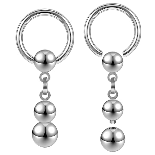 AccGin Earring Adjustable Load Ring PA Piercing Jewelry 316L Surgical Steel 14G 12G Nipple Rings for Men Women 2Pc Silver