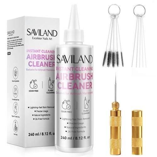 Image of SAVILAND Airbrush Cleaner Kit: 10S Instant 240ml Airbrush Cleaning Kit Low Odor Acetone Free with Cleaning Brush & Needle Nozzle Reamer Full Tool Set for Clog Removal Nail Art Airbrush Pro