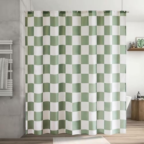 Duschvorhang 180 × 200cm - Karierter Badevorhang Retro Schachbrett Shower Curtain Polyester Textil Vorhang Anti Schimmel Wasserdichter Schnelltrocknend Waschbar für Badewanne mit 12 Haken(Grün & Weiß)