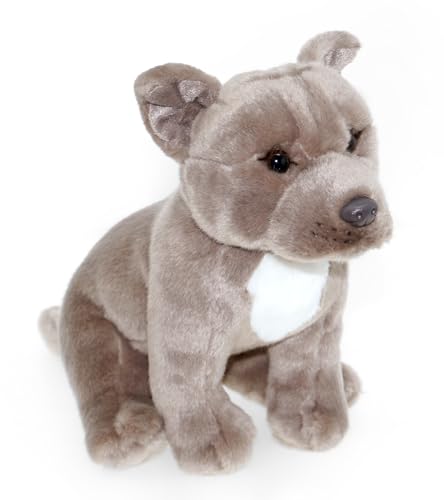 tachi Sitzender Plüschtier Hund, Kuscheltier Staffordshire Bull Terrier, grau beige Stofftier 30 cm