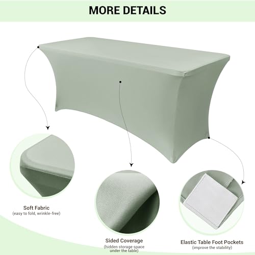Image of Obstal 2PC Sage Green Tablecloth - 6ft Rectangle Spandex Table Cover for Party, Events, Banquets & Weddings, Machine Washble