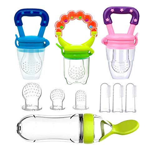 10PCS Baby Fruit Pacifier Feeder Set,Baby Food Feeder Silicone Food Dispensing Spoon with Replacement Feeding Nipples and Baby Finger Toothbrush for Baby