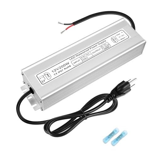 Image of LED Driver 200W 12V Power Supply, IP67 Waterproof Low Voltage Transformer, AC 90-130V to DC 12V 16.6A Converter for Outdoor Landscape Lighting, LED Strip, with 3-Prong Plug 3.3 Feet Cable