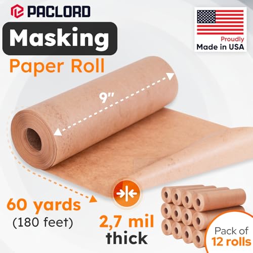 Image of 9 inch x 60 Yards (180 feet) Masking Paper Roll (Pack of 12) - Made in USA General Purpose Kraft Masking Paper for Painting - Painters' Protection from Splatter and Overspray