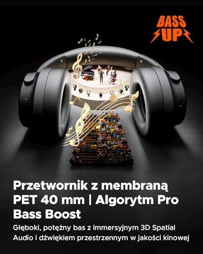 Truefree HF-10 nauszne słuchawki Bluetooth ze sterownikiem 40 mm, ANC -45 dB, dźwięk przestrzenny, akumulator 125 h, mikrofon AI, aplikacja, tryb gier, składany, USB-C, AUX, zestaw słuchawkowy z