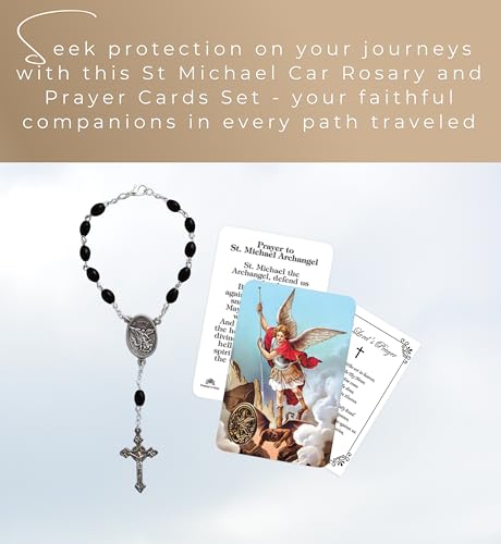St Michael Car Rosary - St Michael The Archangel Prayer Card, The Lord\'s Prayer Card - Saint Michael Car Rosary with Black Bead, Clasp - St Michael Rearview Mirror Rosary, Catholic Card Set of 3 Items - Thumbnail 2