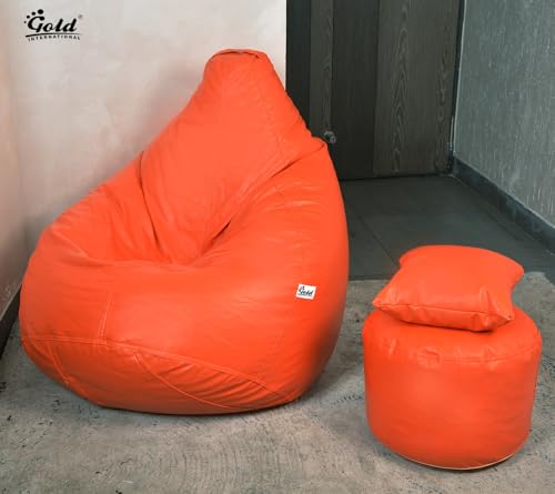 Image of Gold 4XL Bean Bag Combo with Footstool & Cushion | Faux Leather Teardrop Bean Bag for Adults & Teens | Pre-Filled with Beans | Home, Bedroom, Living Room, Office (4XL - Orange)