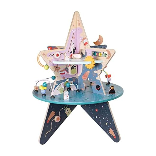 Manhattan Toy Double-Decker Celestial Star Explorer Wooden Activity Center with Shape Gliders, Spinners, Bead Runs and Alluring Artwork