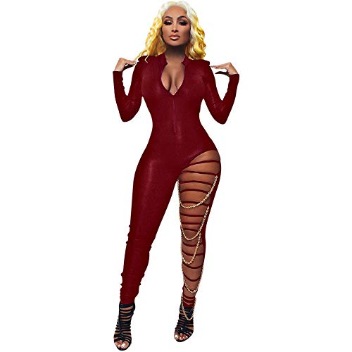Sexy Jumpsuits Women Bodycon Clubwear Black One Leg Cut Out Oneies with Golden Chains for Party Night