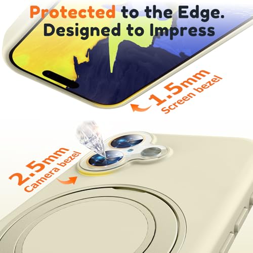 Image of Silicone 360 Spin Magnetic Stand Case for iPhone 17, [Compatible with Mag-Safe][Reinforced Hard Camera Protection]Shockproof Liquid Silicone Rubber Phone Case Cover with Ring, Camera Button, Ivory