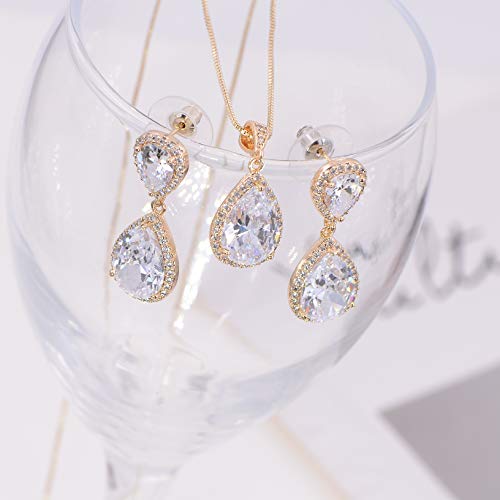 Crystal Jewelry Set For Women - Gold Pear-Shape Sterling Silver Full Teardrop Cubic Zirconia Bridal Pendant Necklace Dangle Earrings Set For Prom Party Wedding Jewelry Set For Bride Bridesmaids #TOP3