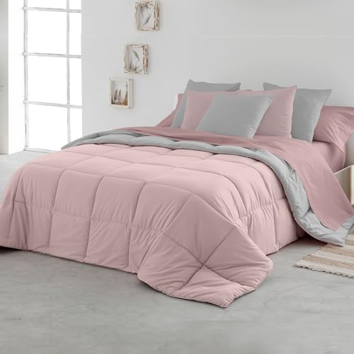 SOMNI HOME Nórdico Edredón Bicolor Cama 100/105 cm Tacto Plumón. Duvet Acolchado Cuadros. Comodo Ligero. Individual. Primavera Verano Otoño 200 gr. Color Rosa - Gris 200x260