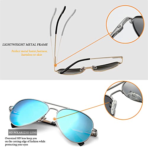 Hjstes Polarized Aviator Sunglasses For Women Men Classic Metal Shades Mirror Lens 100% Uv Blocking, 58Mm(Silve Frame/Blue Mirrored) #TOP3