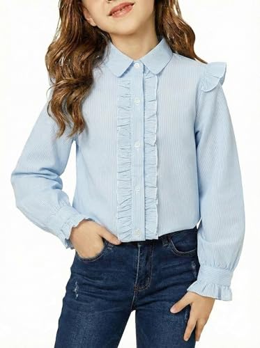 Image of Girls Short Sleeve Button Down Shirts Ruffle School Uniform Crop Tops Peter Pan Collar Plaid Blouse 4-13Y