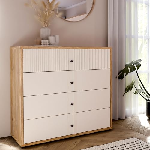 FORTE Rankin Kommode 105 mit 4 Schubladen, Kaschmir/Beige, Mauvella Eiche Dekor/Sand, 104,8 cm breit x 95,9 cm hoch x 42 cm tief