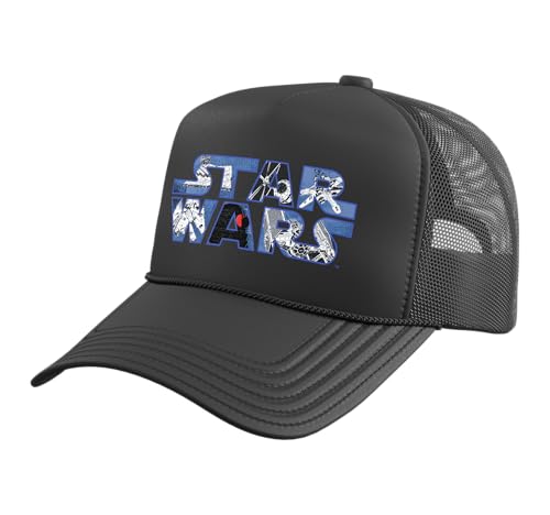 Star Wars Logo Millennium Falcon and Death Star Trucker Hat with Adjustable Mesh Back, Black