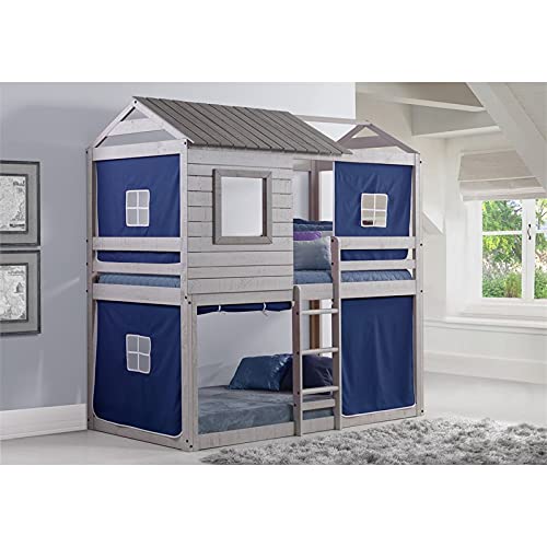 Donco Kids Deer Blind Cabin Twin Over Twin Rustic Light Grey Bunkbed With Blue Tent #TOP1
