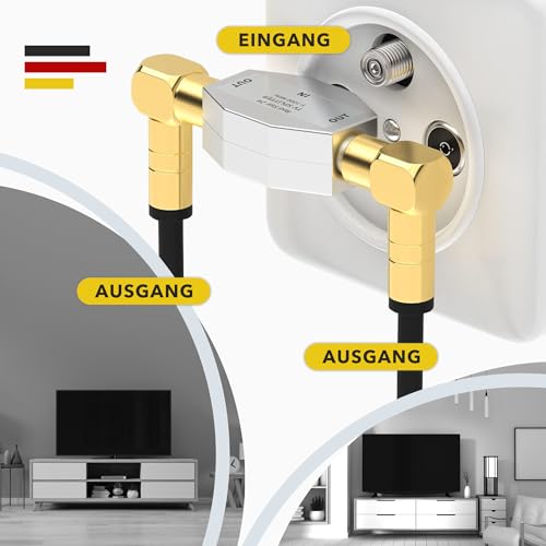 RedStar24 Antennen-Verteiler 2 Fach - Antennenverteiler - TV-Splitter 2-Wege T-Adapter TV Antenne 1x Eingang IEC Koax Buchse (Kupplung) W 2X Ausgang IEC Koax Stecker M | DVB-T / 2 | BK 5-1000 MHz