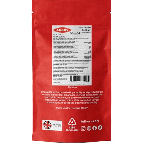 Aksoy Premium Raw Black Chia Seeds, 2.5KG | Non-Gmo | Vegan, Keto & Paleo | Nutrient-Dense Seeds With 3G Protein & 5G Fiber For Salads, Yogurt & Smoothies (Packaging May Vary) - 2