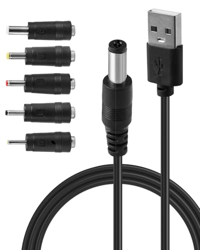 Câble 1M 5V USB 2,0 A vers DC 5.5mmx2.1mm Chargeur avec 5 Connecteurs 2,5 x 0,7 mm, 3,5 x 1,35 mm, 4 x 1,7 mm, 5,5 x 2,5 mm, 3 x 1 mm pour Routeur Casque Bluetooth Ventilateur Lampe LED Caméra IP VR