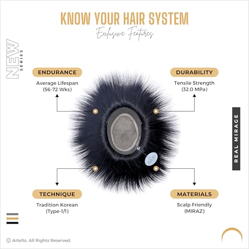 Image of Artello REAL MIRAGE Hair Patch for Men, 7D Ultimate Skin Base Toupee with Original Scalp Partition, Trim-able PU Frontal, 100% Virgin Human Hair Wig (Colour: Natural Black) (9x7)