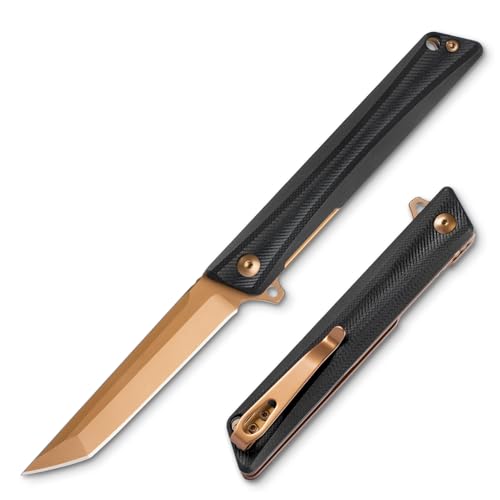 FUNBRO Tanto Pocket Knife for Men, Slim Flipper Open D2 Steel Folding knife with Durable G10 Handle, Cool EDC Knives with Pocket Clip for Camping Hiking (Gold)