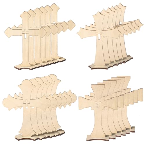 VELATYVIO 24 Pcs Wooden Crosses for Crafts 4 Styles Unfinished Catholic Wooden Crosses Bulk with Stands Cross centerpieces for Tables Wood Standing Cross for First Communion Baptism Easter Decor