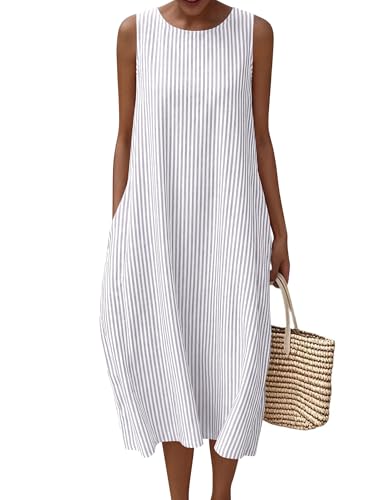 LOMON Summer Maxi Dresses for Women Beach Vacation Casual Loose Sundresses Cotton Striped Long Dress with Pockets