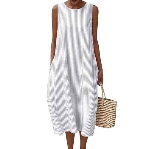 LOMON Summer Dresses for Women Cotton Casual Maxi Dress Beach Vacation Long Sundresses Plaid Striped with Pockets Grey Striped X-Large