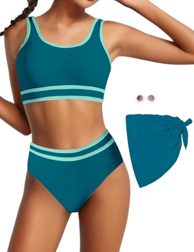 Image of Teen Girls Swimsuit High Waist Sporty Bikini Bathing Suits with Cover Up Skirt and Sunglasses 4 Piece Set 8-15 Years
