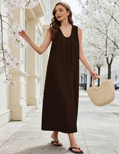 Image of Livtany Women's Scoop Neck Ruched Maxi Dress Flowy Swing Wide Straps Long Dress Casual Sleeveless Sundress with Side Pockets