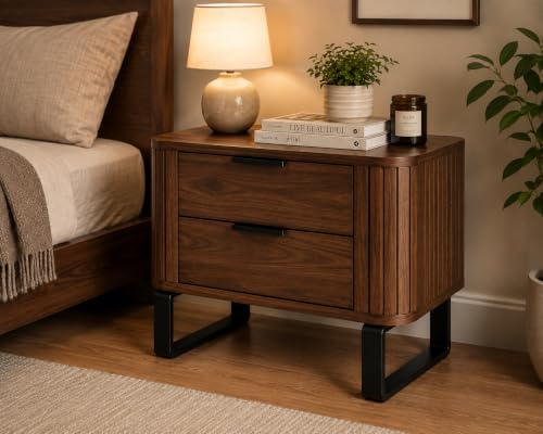 KUBER FURNITURE Solid Wood Bedside Table, Walnut, 2 Drawers Walnut 6 - Image 6