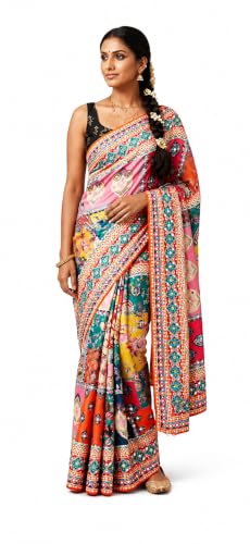 Image of Women's Multicolor Patchwork Printed Saree with Designer Border | Soft Lightweight Ethnic Saree with Unstitched Blouse Piece Traditional Festival Casual Indian Saree