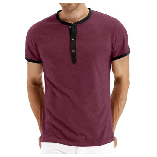 PEGENO Mens Short Slim Sleeve Casual Fashion Henley Shirt (Vg Red Black X-Large)
