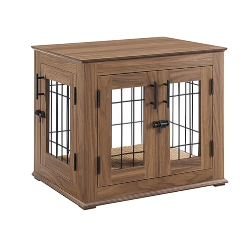 快適で クッションを備えた木製の犬用クレート、小型および中型のペットに適した多機能家具(Walnut,S)