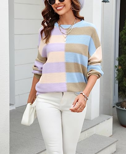 Image of chouyatou Women's Casual Crew Neck Color Block Striped Patchwork Knitted Pullover Sweater Tops
