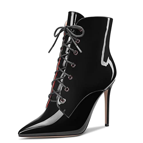 Aachcol Women Ankle Boots Short Bootie Close Pointed Toe Stiletto Mid High Heel Dress Shoes Patent Zipper Lace-up Sexy 4 Inch