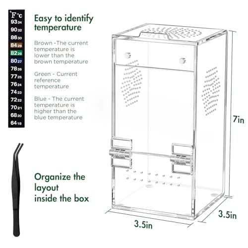 Image of Pre-Assembled Jumping Spider Enclosure, Acrylic Terrarium with Magnetic Door & All-Side Ventilation, Habitat for Spiderling, Mantis, Tarantula, Snail, 3.5 inchx3.5 inchx7 inch (Tweezer & Temp Sticker Included)