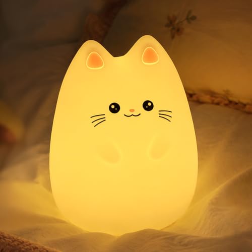 Night Light for Kids LED Cat Squishy Animal Lamp for Baby Soft Silicone Dimmable Bedside Touch Light with Timer Battery Rechargeable Nightlight Girls Gifts Cute Room Decor 4.80 x 4.80 x 5.91 in