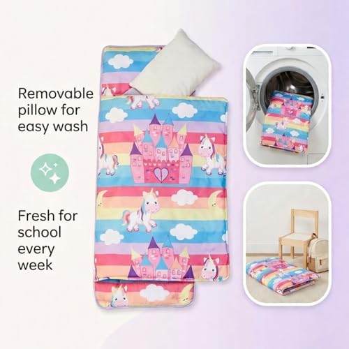 Image of EVERYDAY KIDS Nap Mat with Removable Pillow - Unicorn Dreams - Carry Handle with Straps Closure, Rollup Design, Soft Microfiber for Preschool, Daycare, Travel Sleeping Bag - Ages 3-6 Years