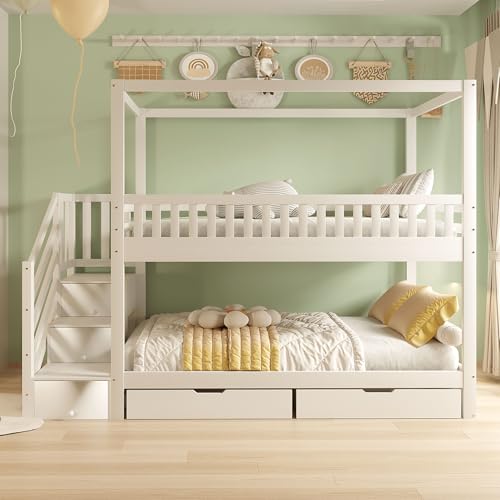 Moimhear Litera para cama infantil, de madera maciza, diseño de rejilla de seguridad, con estantes y escalera de seguridad (blanco, 90 x 200 cm, con cajones)